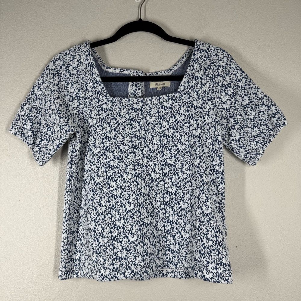 Madewell Floral Jacquard Button Back Top Blue White Cottagecore Size XS